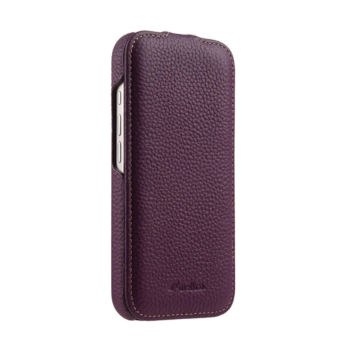 MELKCO For iPhone 17 Pro Case Compatible with MagSafe Vertical Flip Genuine Cow Leather + PC Phone Cover - Purple - 5