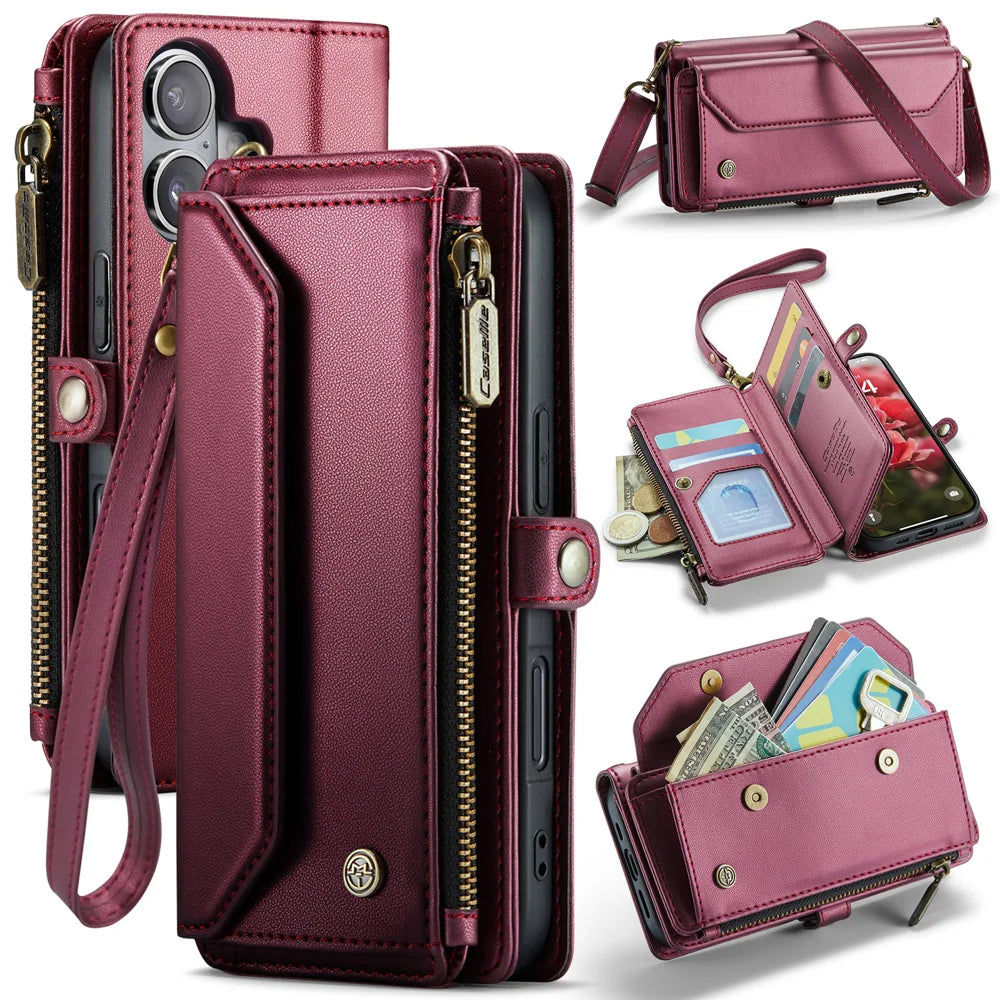 CASEME For iPhone 17 Leather Case  C36 Zipper 10 Card Slots Phone Cover with Straps - Red - 1