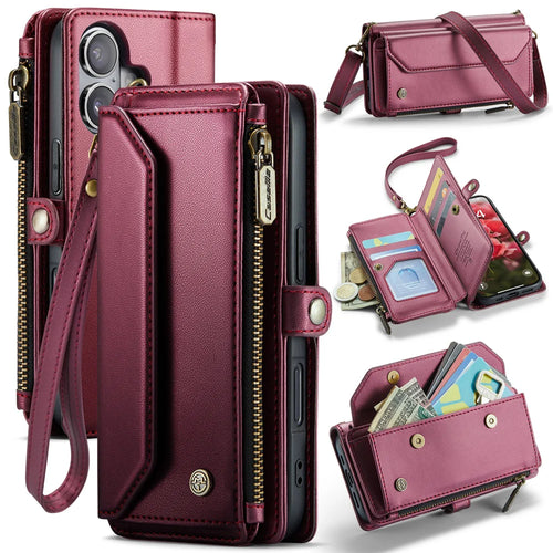 CASEME For iPhone 17 Leather Case  C36 Zipper 10 Card Slots Phone Cover with Straps - Red - 1