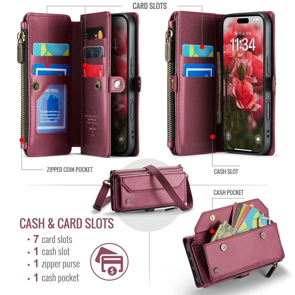 CASEME For iPhone 17 Leather Case  C36 Zipper 10 Card Slots Phone Cover with Straps - Red - 2