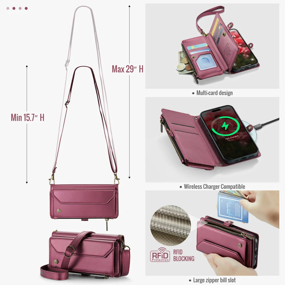 CASEME For iPhone 17 Leather Case  C36 Zipper 10 Card Slots Phone Cover with Straps - Red - 3