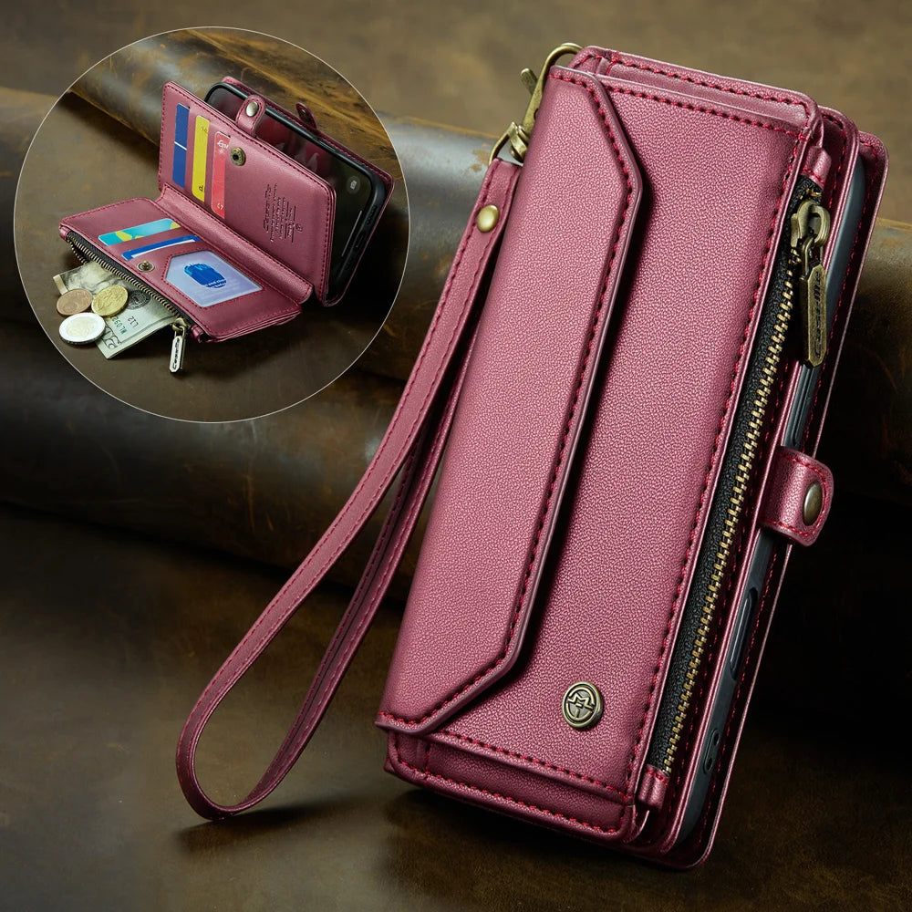 CASEME For iPhone 17 Leather Case  C36 Zipper 10 Card Slots Phone Cover with Straps - Red - 4