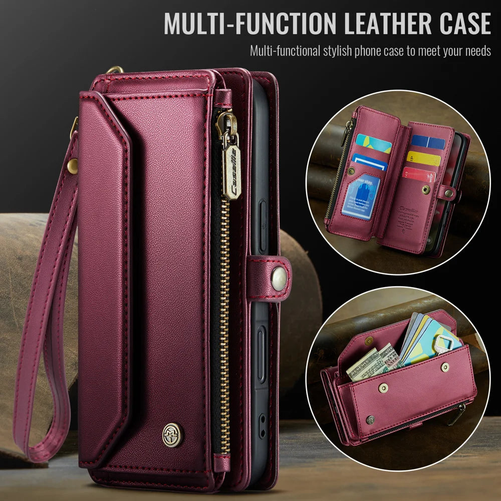 CASEME For iPhone 17 Leather Case  C36 Zipper 10 Card Slots Phone Cover with Straps - Red - 7