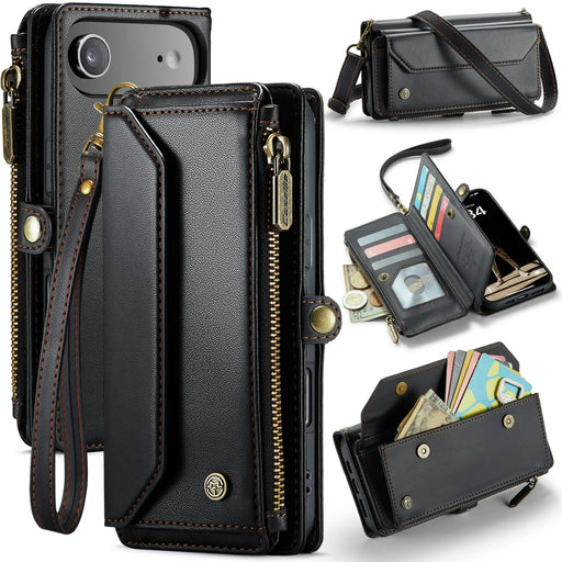 CASEME For iPhone Air Leather Case  C36 Zipper 10 Card Slots Phone Cover with Straps - Black - 1