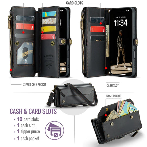 CASEME For iPhone Air Leather Case  C36 Zipper 10 Card Slots Phone Cover with Straps - Black - 2