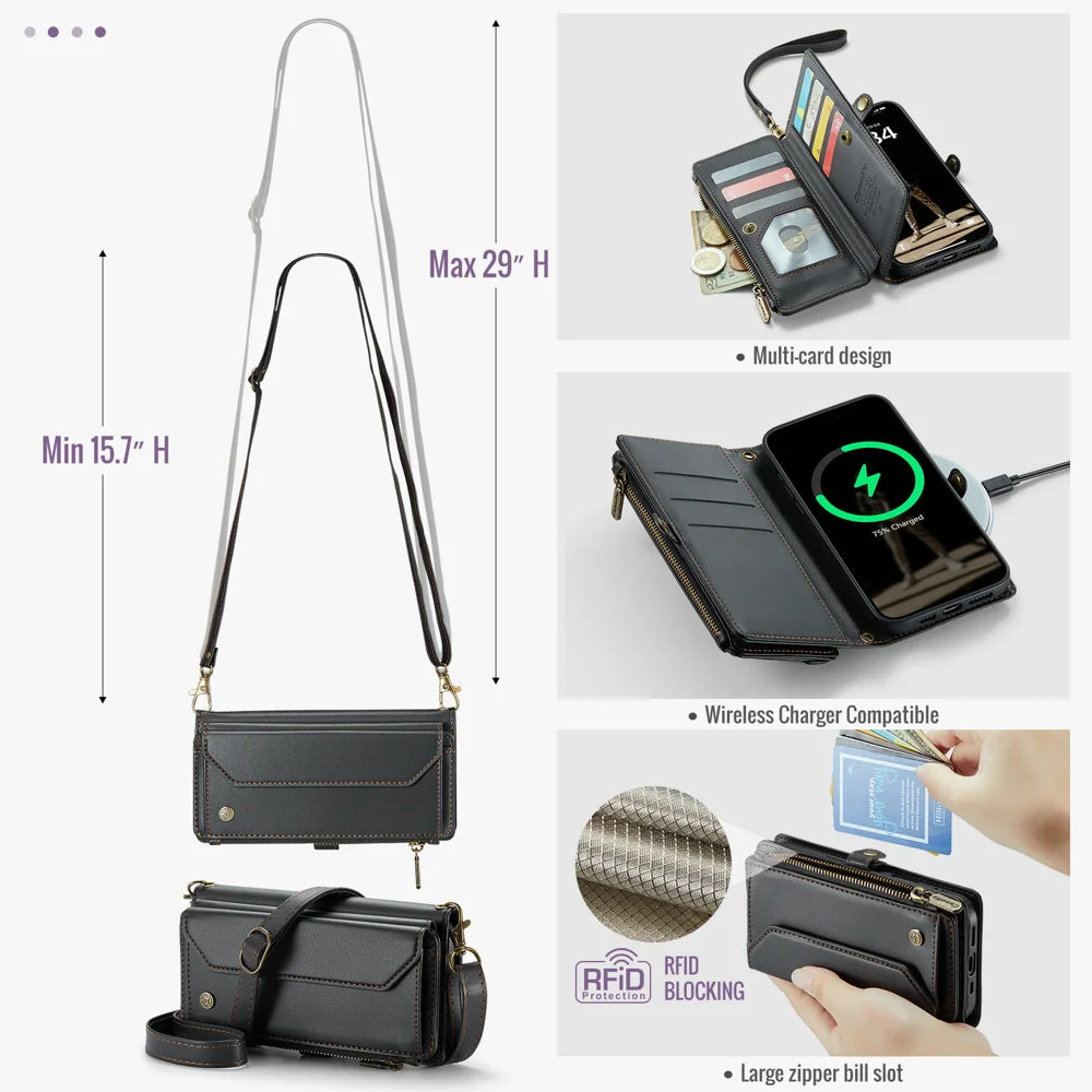 CASEME For iPhone Air Leather Case  C36 Zipper 10 Card Slots Phone Cover with Straps - Black - 3