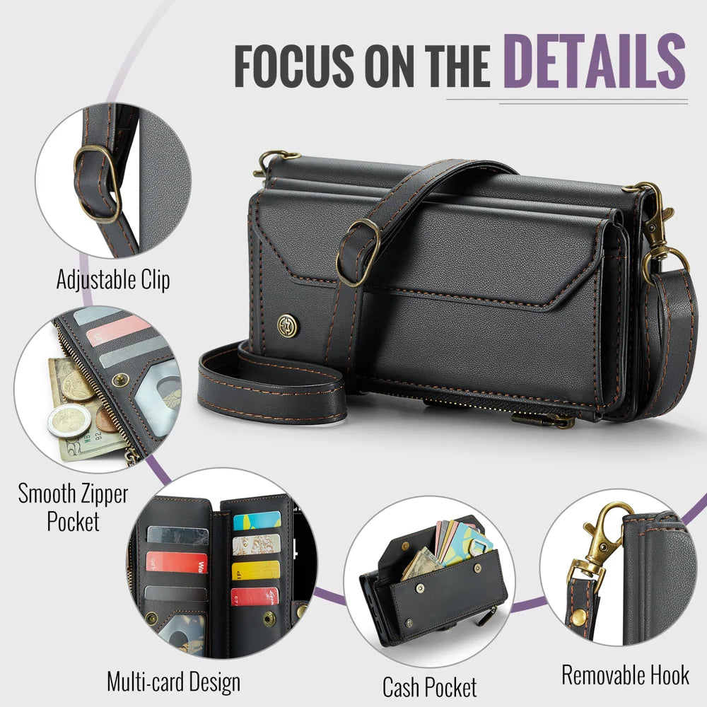 CASEME For iPhone Air Leather Case  C36 Zipper 10 Card Slots Phone Cover with Straps - Black - 5