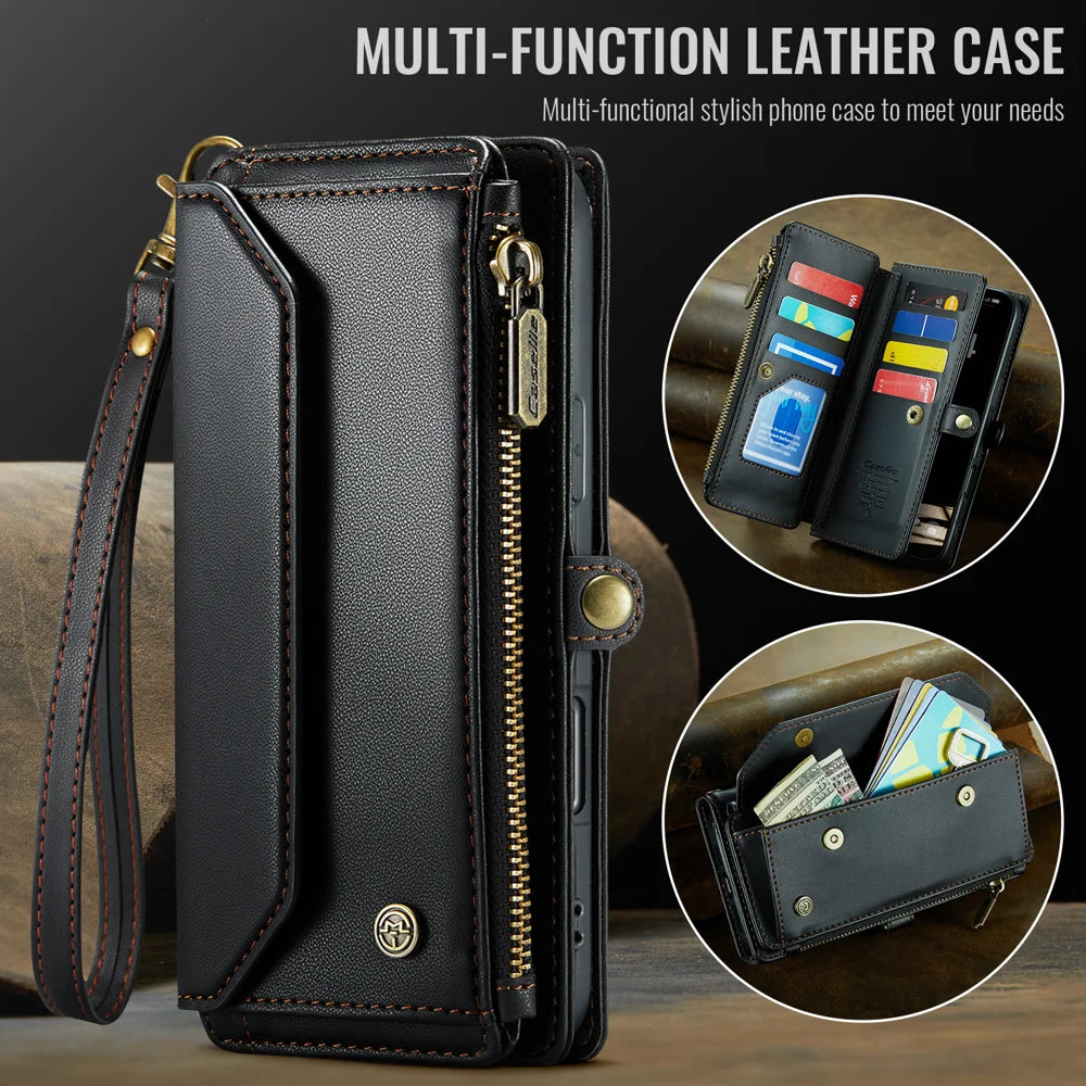CASEME For iPhone Air Leather Case  C36 Zipper 10 Card Slots Phone Cover with Straps - Black - 7