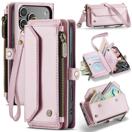 CASEME For iPhone 18 Pro / 17 Pro Leather Case  C36 Zipper 10 Card Slots Phone Cover with Straps - Pink - 1