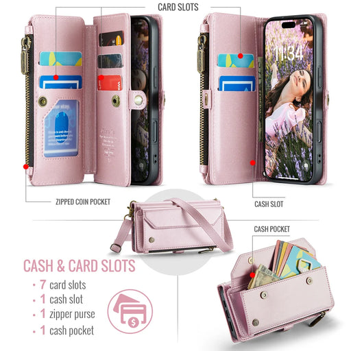CASEME For iPhone 18 Pro / 17 Pro Leather Case  C36 Zipper 10 Card Slots Phone Cover with Straps - Pink - 2