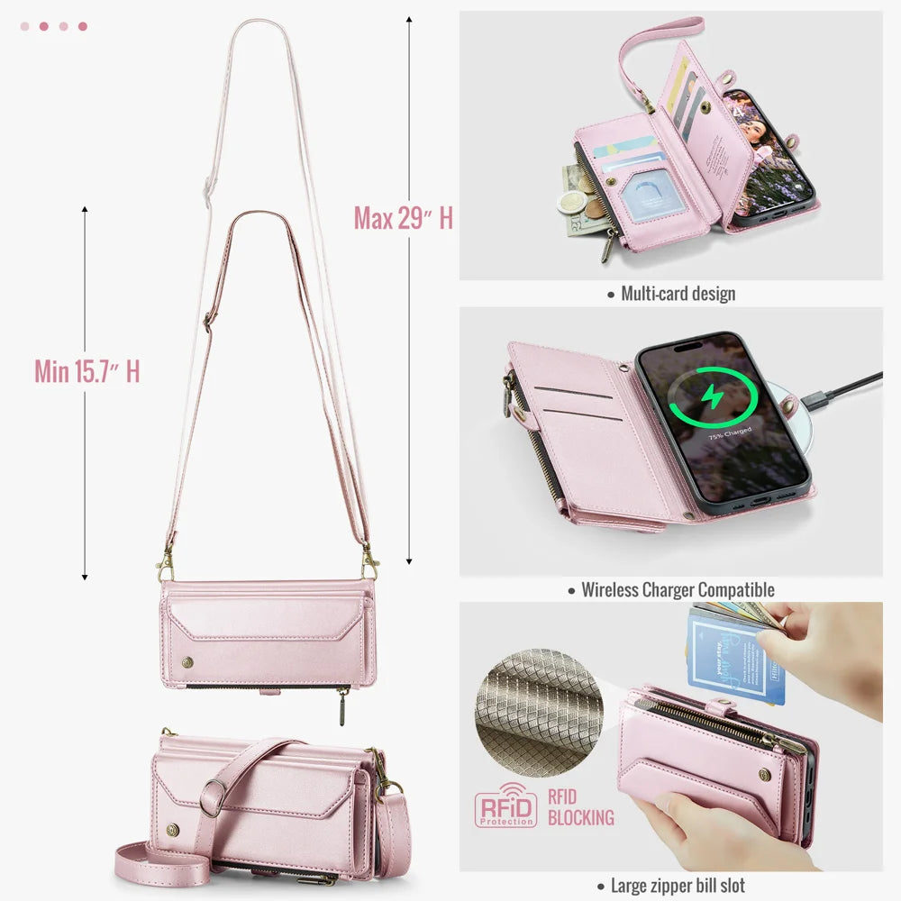 CASEME For iPhone 18 Pro / 17 Pro Leather Case  C36 Zipper 10 Card Slots Phone Cover with Straps - Pink - 3