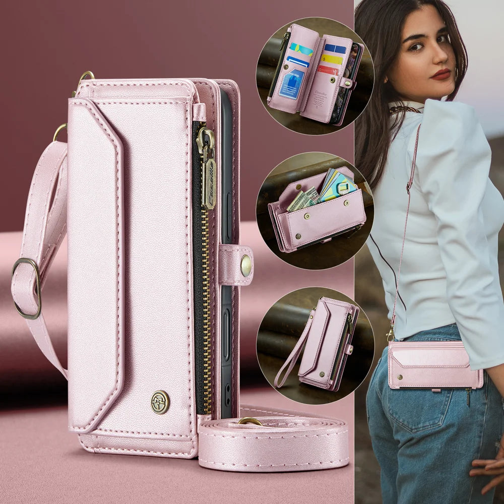 CASEME For iPhone 18 Pro / 17 Pro Leather Case  C36 Zipper 10 Card Slots Phone Cover with Straps - Pink - 4