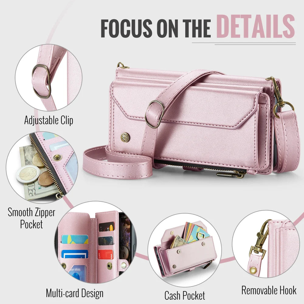 CASEME For iPhone 18 Pro / 17 Pro Leather Case  C36 Zipper 10 Card Slots Phone Cover with Straps - Pink - 5