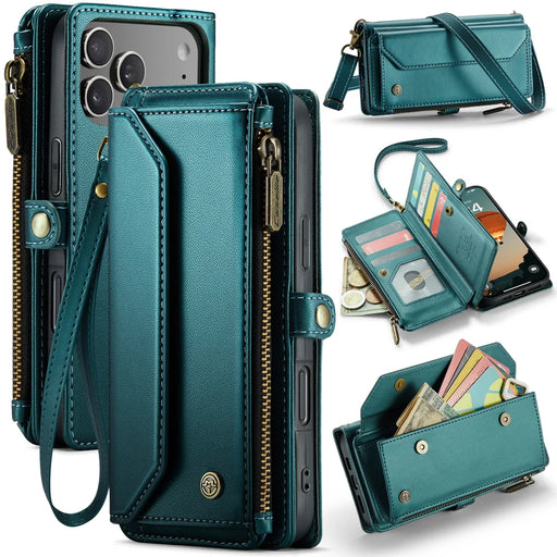 CASEME For iPhone 18 Pro Max / 17 Pro Max Leather Case  C36 Zipper 10 Card Slots Phone Cover with Straps - Green - 1