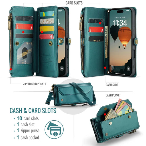 CASEME For iPhone 18 Pro Max / 17 Pro Max Leather Case  C36 Zipper 10 Card Slots Phone Cover with Straps - Green - 2
