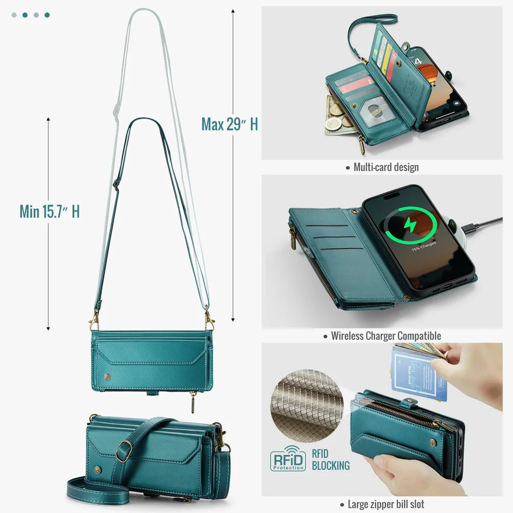 CASEME For iPhone 18 Pro Max / 17 Pro Max Leather Case  C36 Zipper 10 Card Slots Phone Cover with Straps - Green - 3