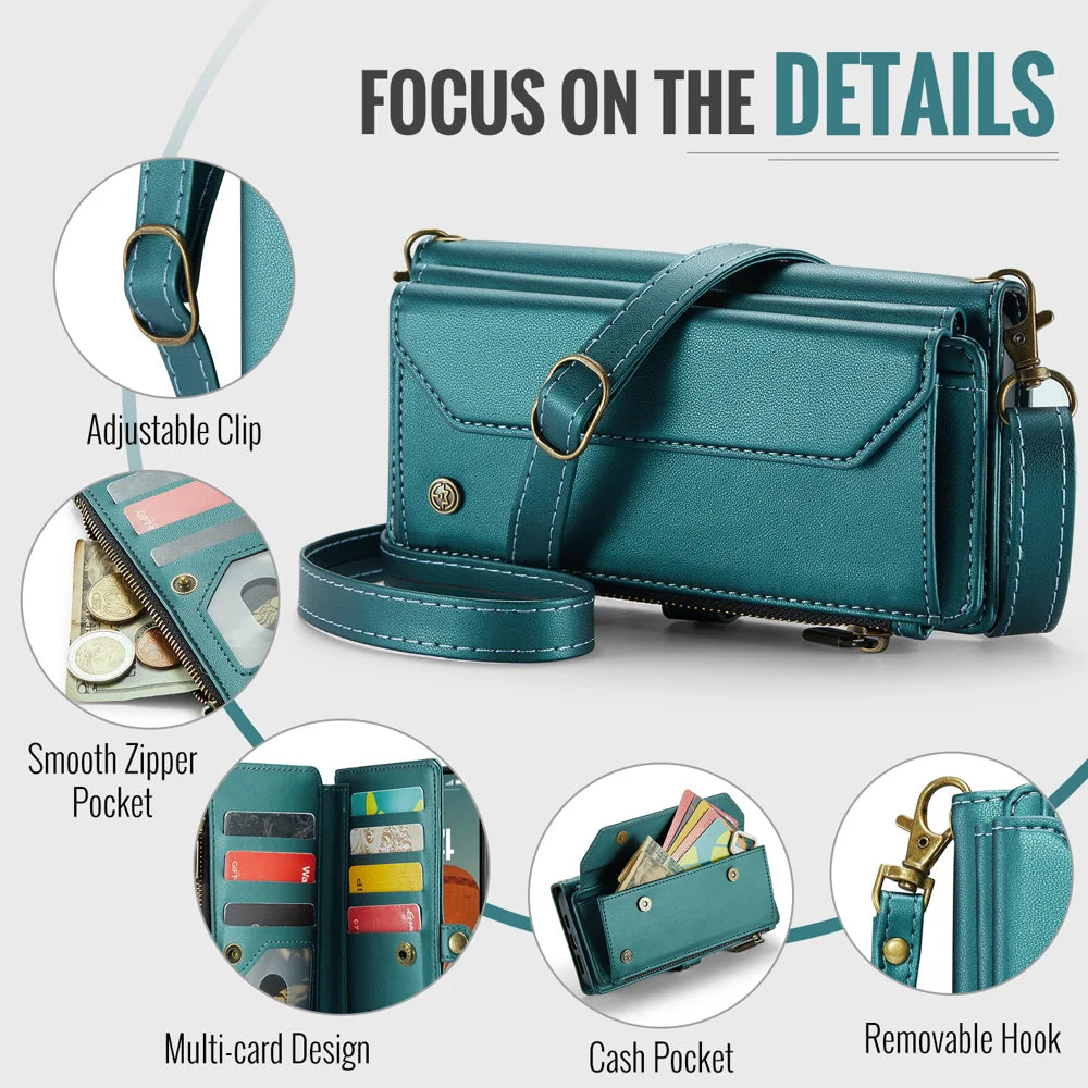CASEME For iPhone 18 Pro Max / 17 Pro Max Leather Case  C36 Zipper 10 Card Slots Phone Cover with Straps - Green - 6