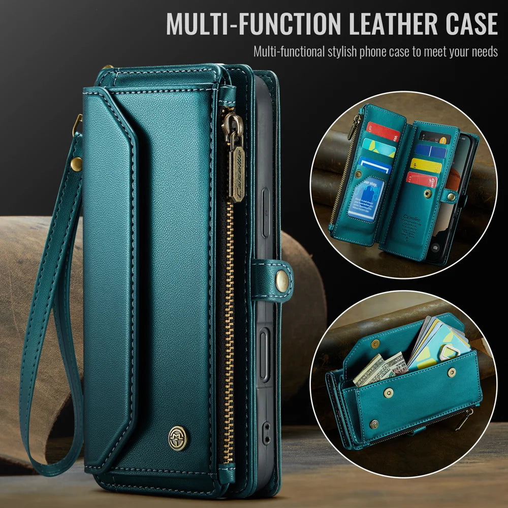 CASEME For iPhone 18 Pro Max / 17 Pro Max Leather Case  C36 Zipper 10 Card Slots Phone Cover with Straps - Green - 7