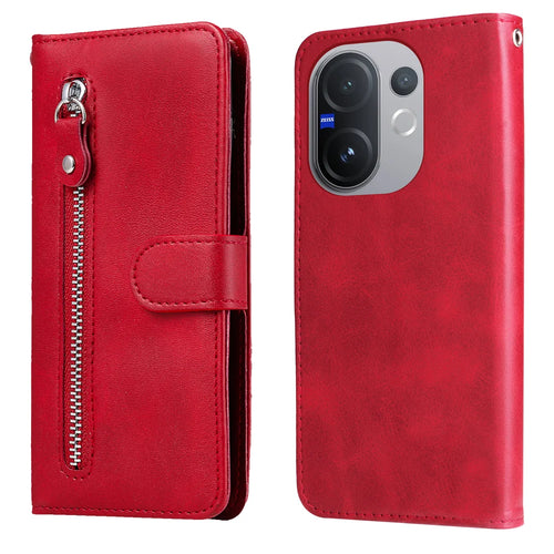 For vivo V60 5G PU Leather Cases with Zipper Pocket Wallet Phone Cover Stand - Red - 1