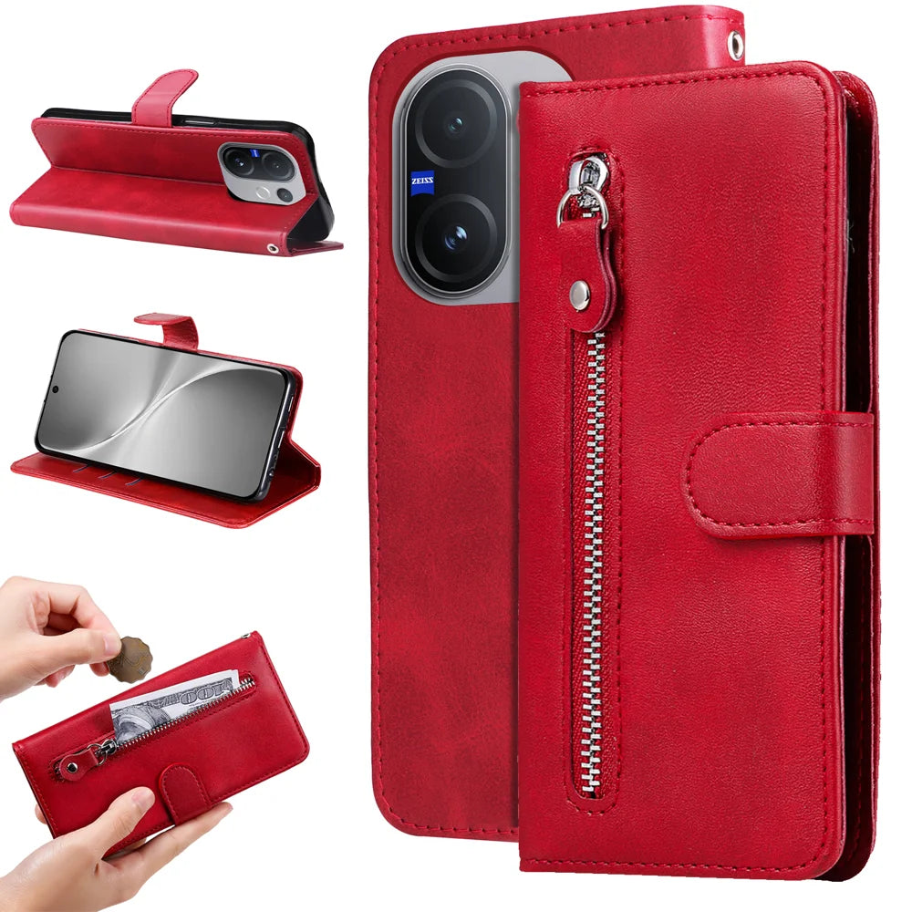 For vivo V60 5G PU Leather Cases with Zipper Pocket Wallet Phone Cover Stand - Red - 2