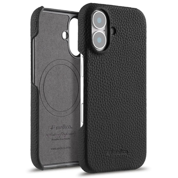 MELKCO For iPhone 17 Case Genuine Cow Leather PC Phone Cover Compatible with MagSafe - Black - 1