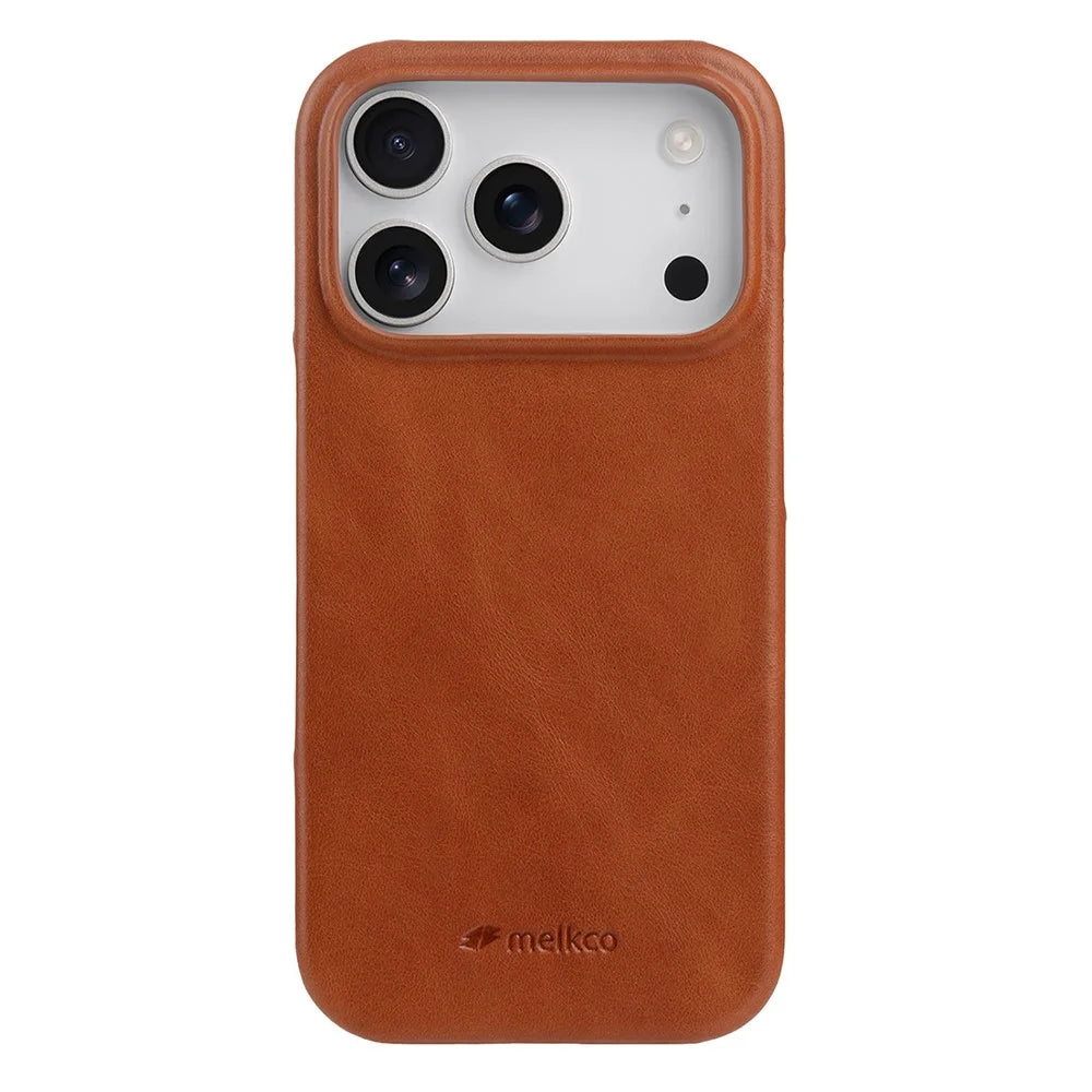 MELKCO For iPhone 17 Pro Max Case Compatible with MagSafe Waxy Genuine Cow Leather PC Phone Back Cover - Brown - 1
