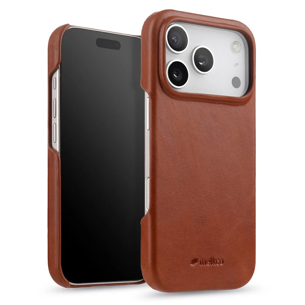 MELKCO For iPhone 17 Pro Max Case Compatible with MagSafe Waxy Genuine Cow Leather PC Phone Back Cover - Brown - 3