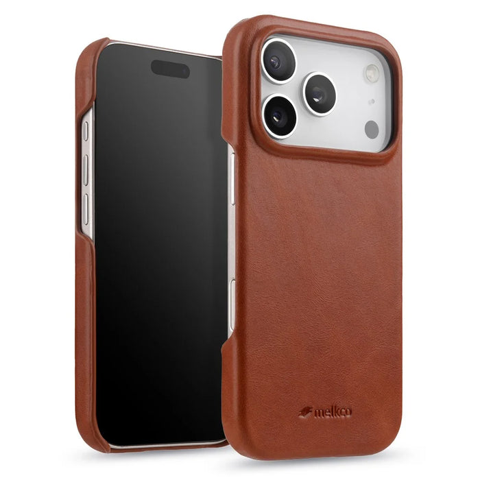 MELKCO For iPhone 17 Pro Max Case Compatible with MagSafe Waxy Genuine Cow Leather PC Phone Back Cover - Brown - 3