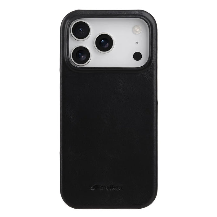 MELKCO For iPhone 17 Pro Case Compatible with MagSafe Waxy Genuine Cow Leather PC Phone Back Cover - Black - 1