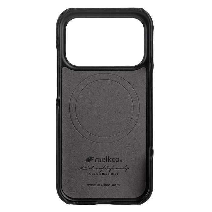 MELKCO For iPhone 17 Pro Case Compatible with MagSafe Waxy Genuine Cow Leather PC Phone Back Cover - Black - 2