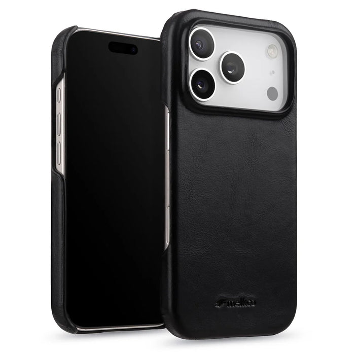 MELKCO For iPhone 17 Pro Case Compatible with MagSafe Waxy Genuine Cow Leather PC Phone Back Cover - Black - 3