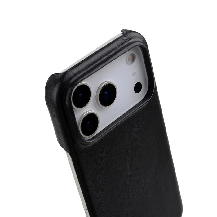 MELKCO For iPhone 17 Pro Case Compatible with MagSafe Waxy Genuine Cow Leather PC Phone Back Cover - Black - 5