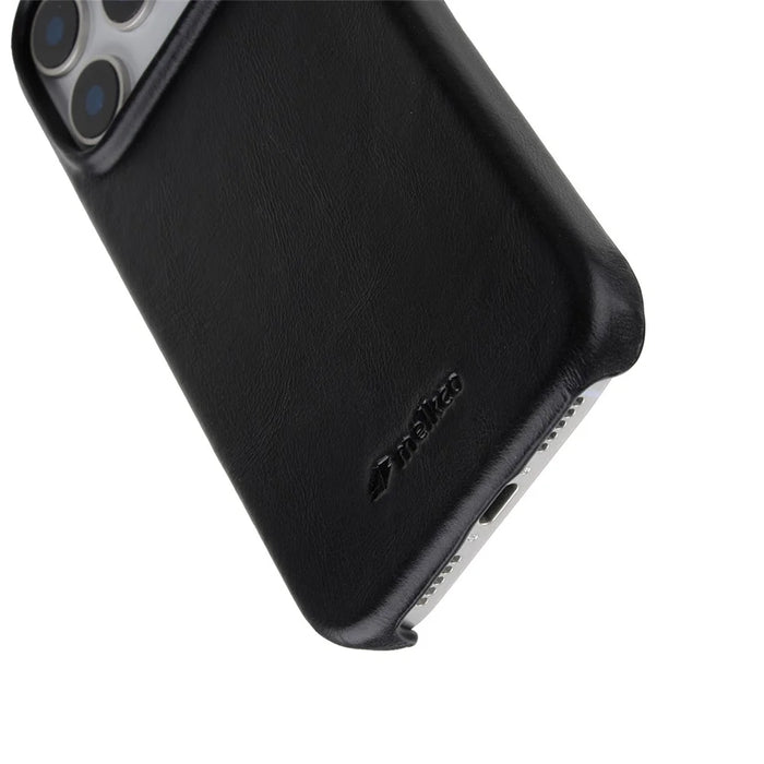 MELKCO For iPhone 17 Pro Case Compatible with MagSafe Waxy Genuine Cow Leather PC Phone Back Cover - Black - 6