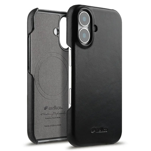 MELKCO For iPhone 17 Case Compatible with MagSafe Waxy Genuine Cow Leather PC Phone Back Cover - Black - 1