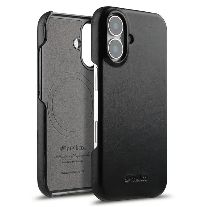 MELKCO For iPhone 17 Case Compatible with MagSafe Waxy Genuine Cow Leather PC Phone Back Cover - Black - 1