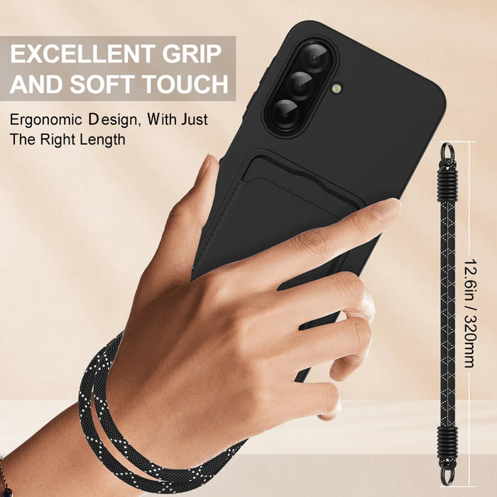 For Samsung Galaxy S25 FE Liquid Silicone Case  Phone Back Cover with Card Holder and Short Strap - Black - 3