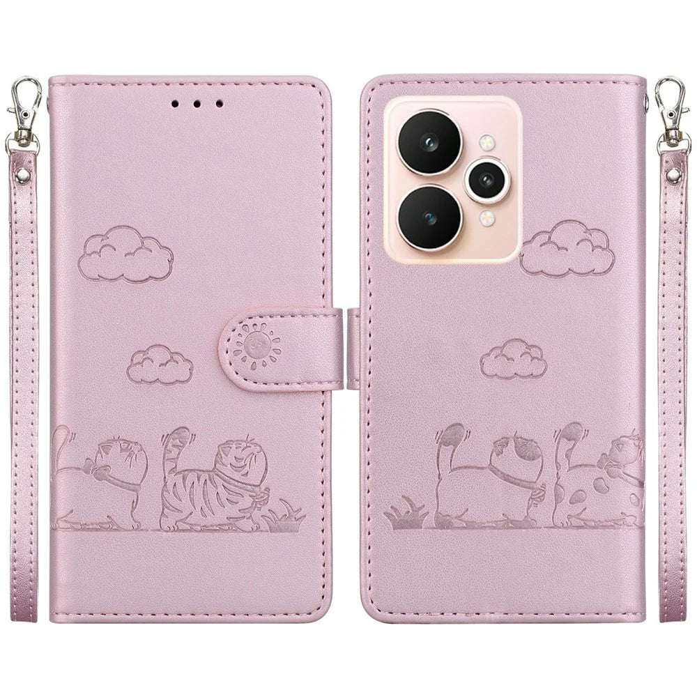 For Realme 15 Pro 5G  /  15 5G Case RFID Blocking Kitten Pattern TPU + PU Leather Phone Cover with Wrist Strap - Pink - 1