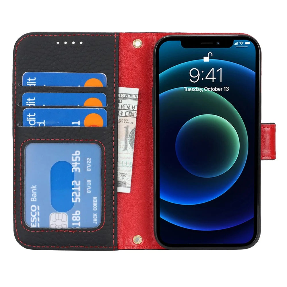 For iPhone 13 mini Stand Case Litchi Texture Genuine Cow Leather Wallet Phone Cover RFID Blocking - Black / Red - 2