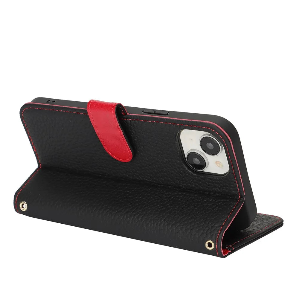 For iPhone 13 mini Stand Case Litchi Texture Genuine Cow Leather Wallet Phone Cover RFID Blocking - Black / Red - 3