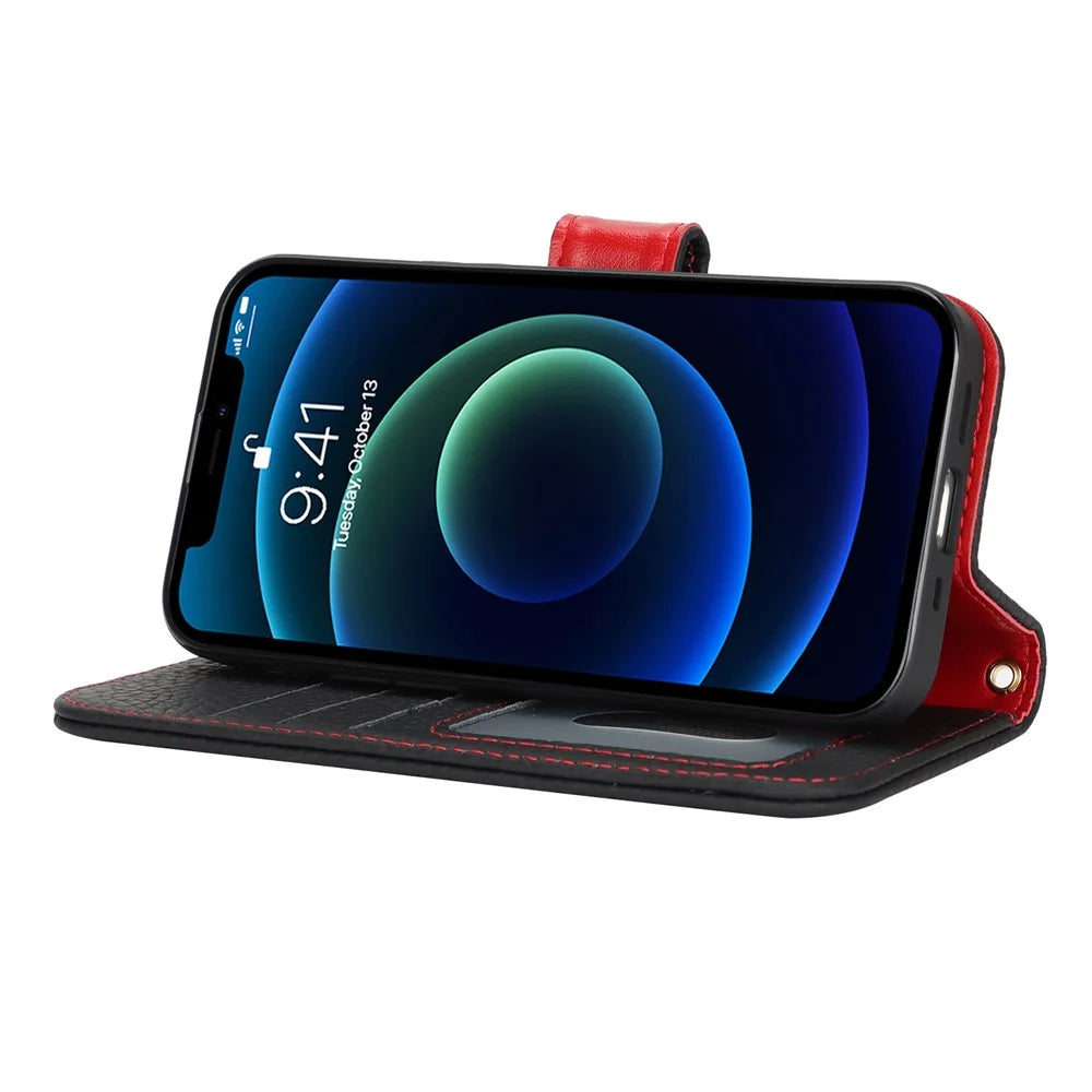For iPhone 13 mini Stand Case Litchi Texture Genuine Cow Leather Wallet Phone Cover RFID Blocking - Black / Red - 4