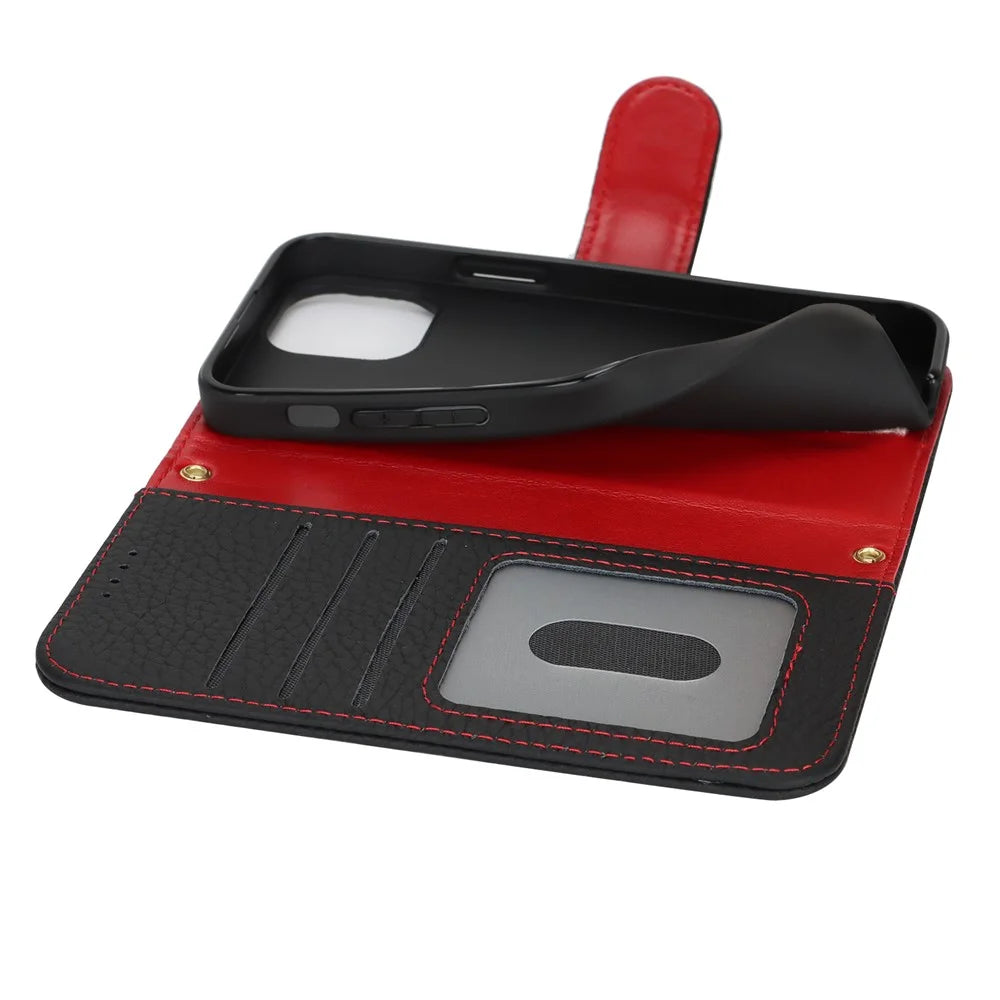For iPhone 13 mini Stand Case Litchi Texture Genuine Cow Leather Wallet Phone Cover RFID Blocking - Black / Red - 5