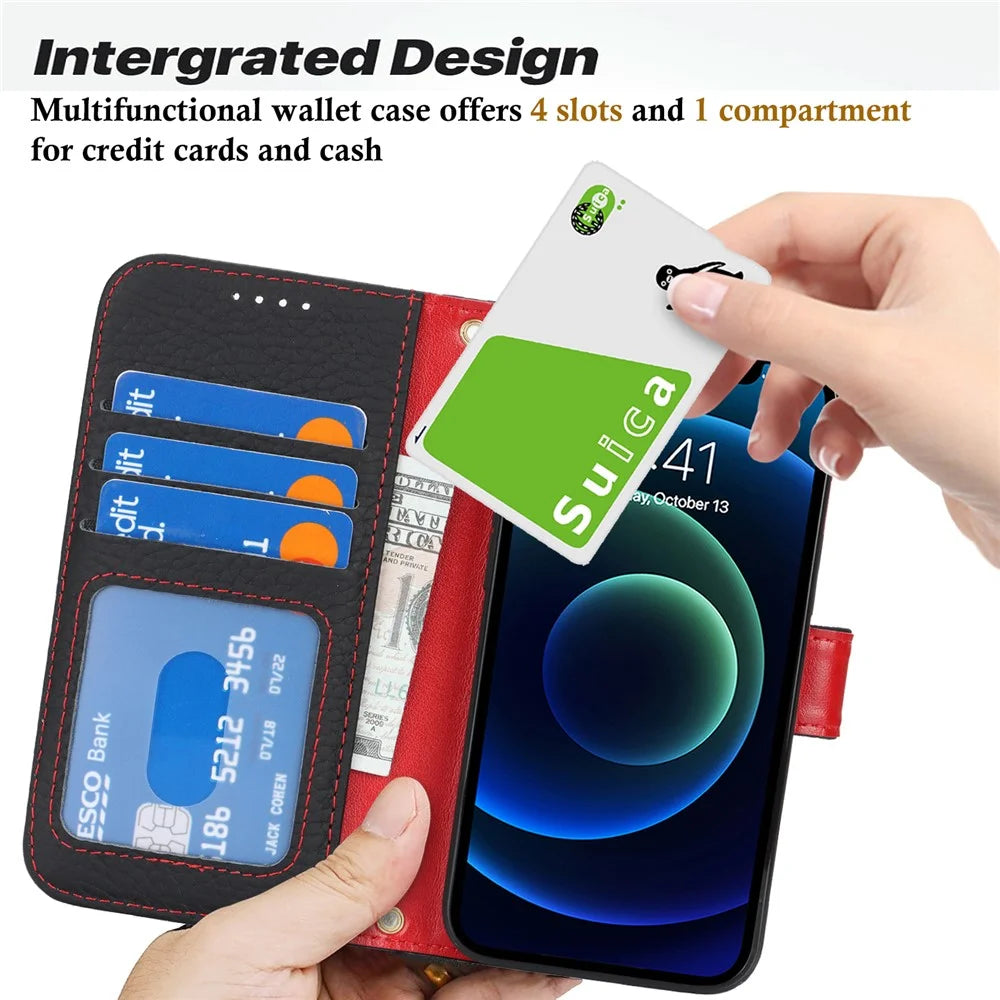 For iPhone 13 mini Stand Case Litchi Texture Genuine Cow Leather Wallet Phone Cover RFID Blocking - Black / Red - 6