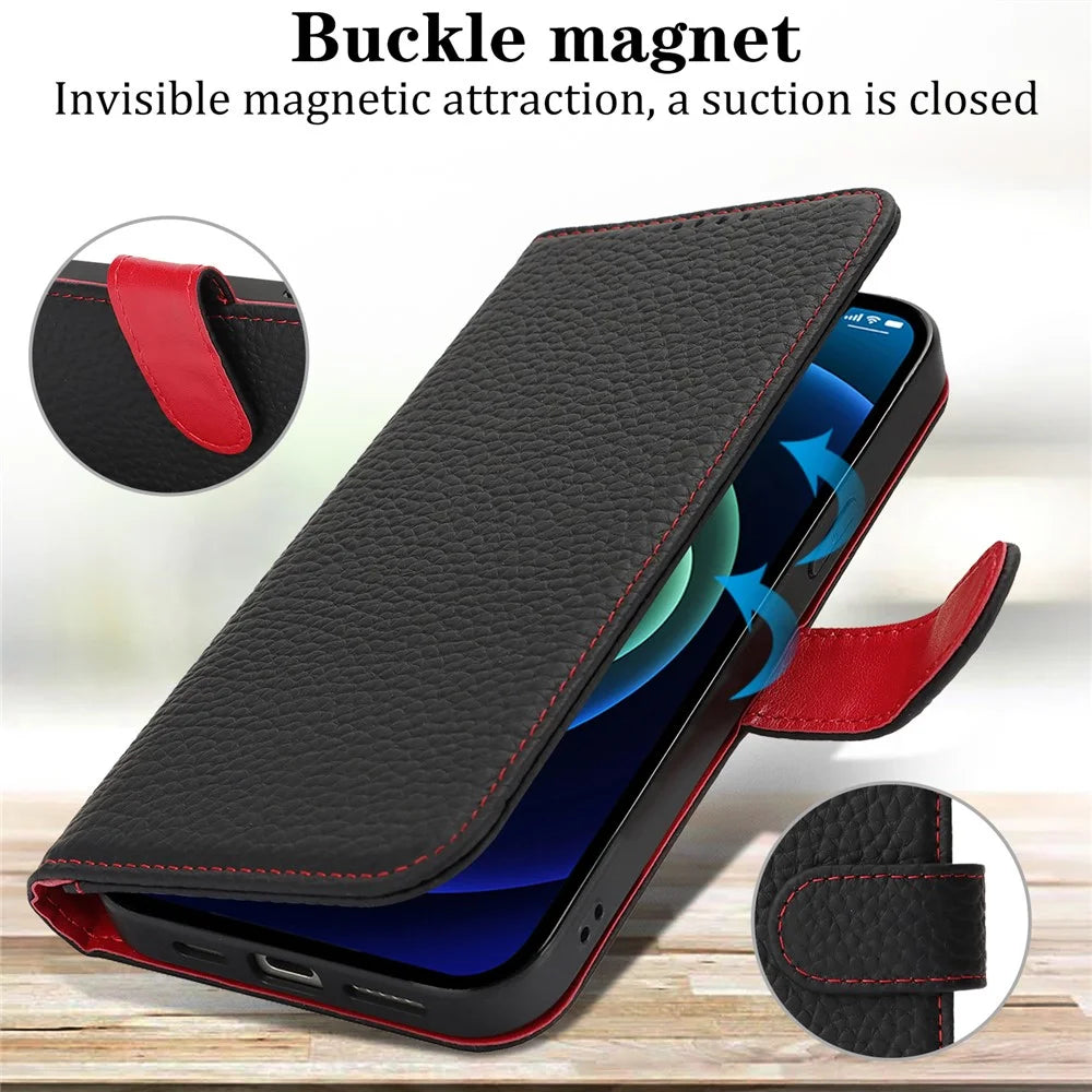 For iPhone 13 mini Stand Case Litchi Texture Genuine Cow Leather Wallet Phone Cover RFID Blocking - Black / Red - 7
