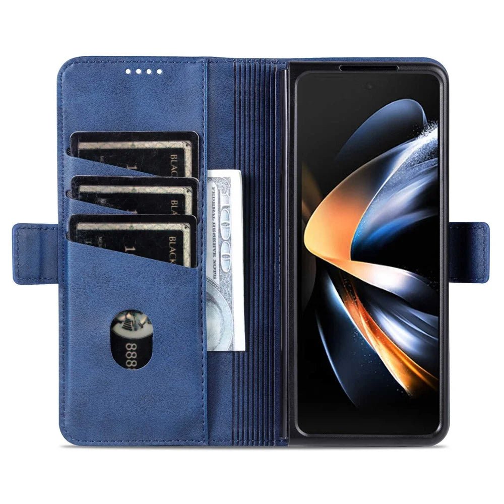 AZNS For Samsung Galaxy Z Fold4 5G Cowhide Texture PU Leather Wallet Cover Dual Magnetic Clasp Phone Case - Blue - 2