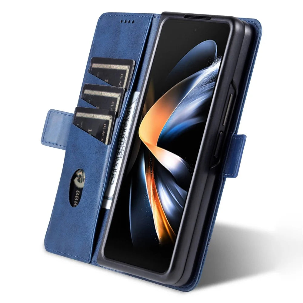 AZNS For Samsung Galaxy Z Fold4 5G Cowhide Texture PU Leather Wallet Cover Dual Magnetic Clasp Phone Case - Blue - 4