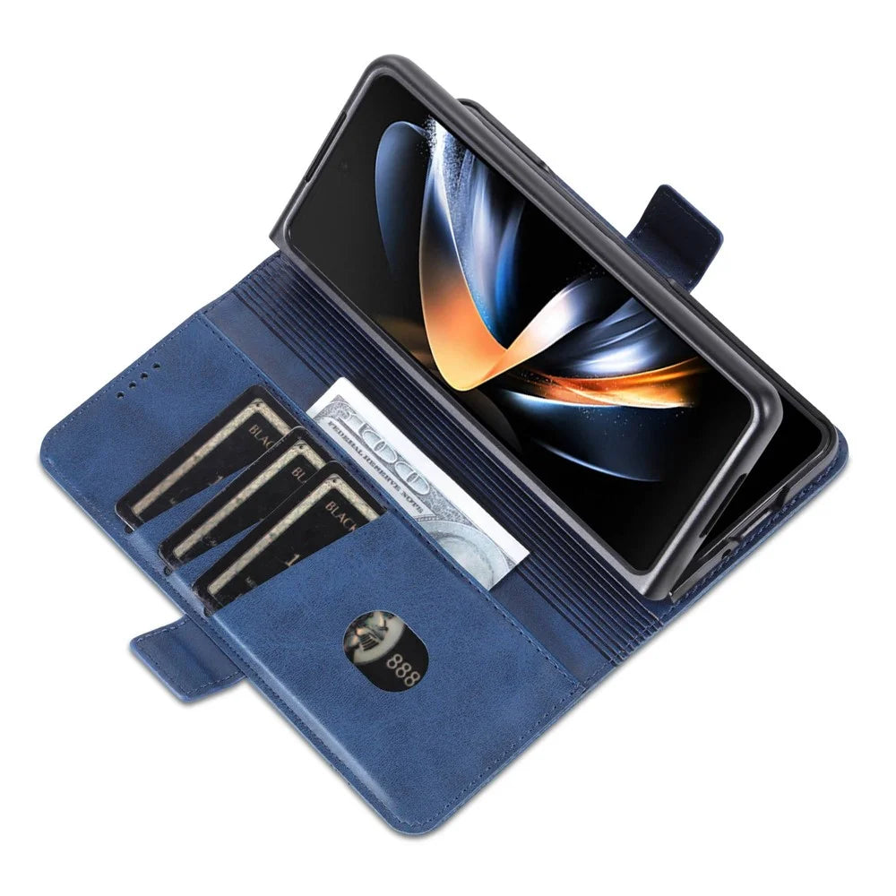 AZNS For Samsung Galaxy Z Fold4 5G Cowhide Texture PU Leather Wallet Cover Dual Magnetic Clasp Phone Case - Blue - 5
