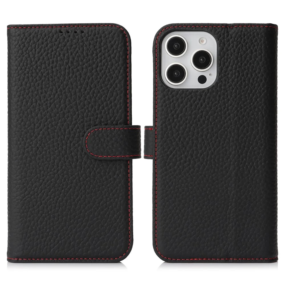 For iPhone 13 Pro Stand Case Litchi Texture Genuine Cow Leather Wallet Phone Cover RFID Blocking - Black / Red - 1