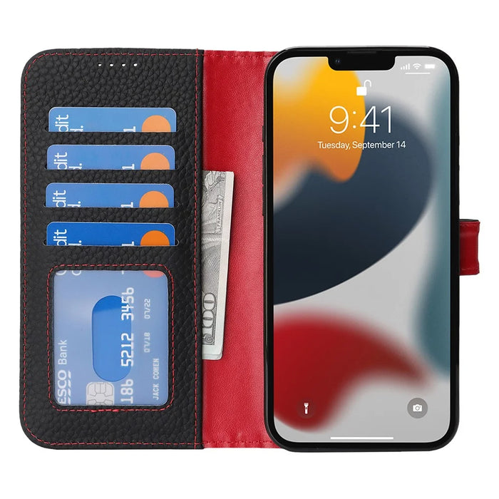 For iPhone 13 Pro Stand Case Litchi Texture Genuine Cow Leather Wallet Phone Cover RFID Blocking - Black / Red - 2