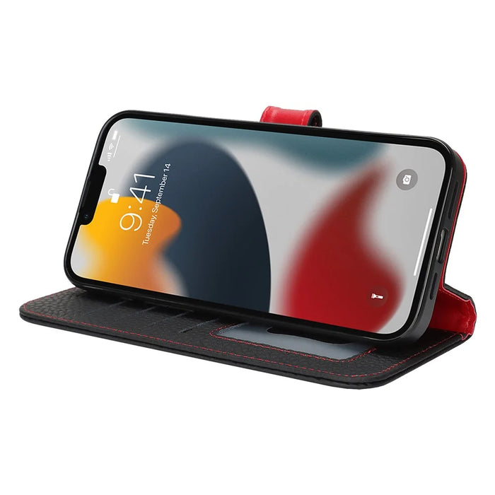 For iPhone 13 Pro Stand Case Litchi Texture Genuine Cow Leather Wallet Phone Cover RFID Blocking - Black / Red - 4