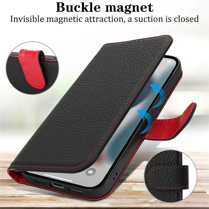 For iPhone 13 Pro Stand Case Litchi Texture Genuine Cow Leather Wallet Phone Cover RFID Blocking - Black / Red - 5